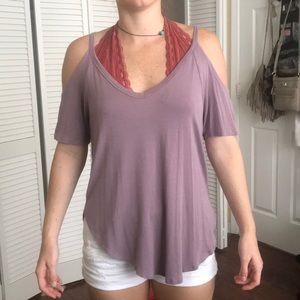 Purple shirt, off shoulder